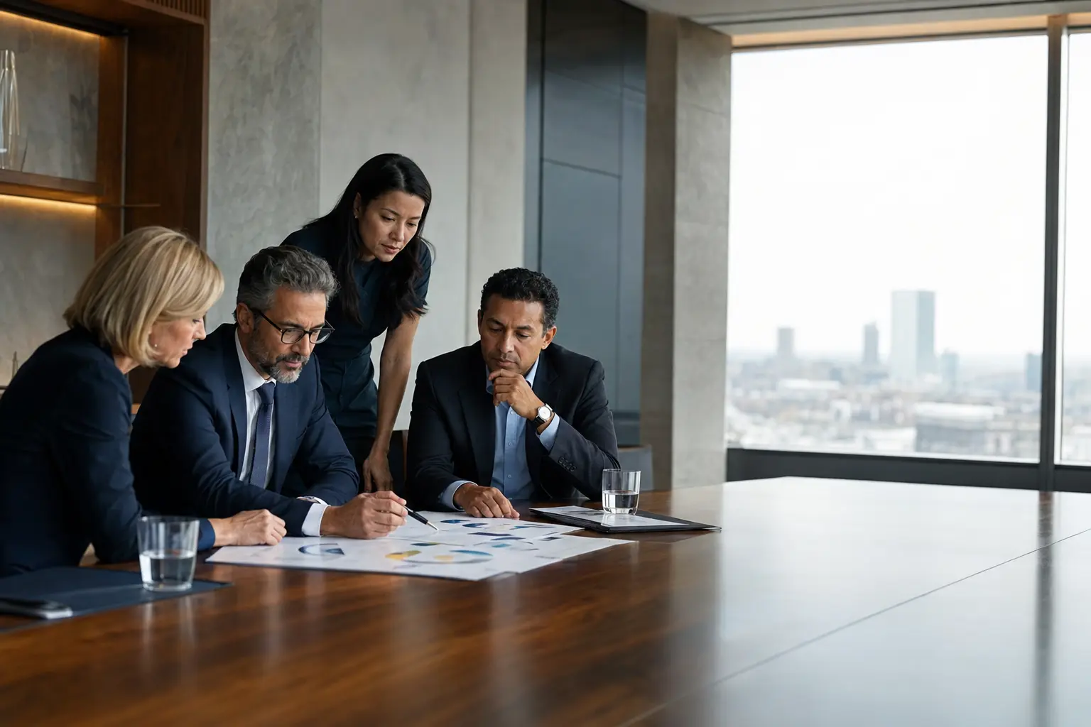 Illustration of an executive team in discussion around a boardroom table